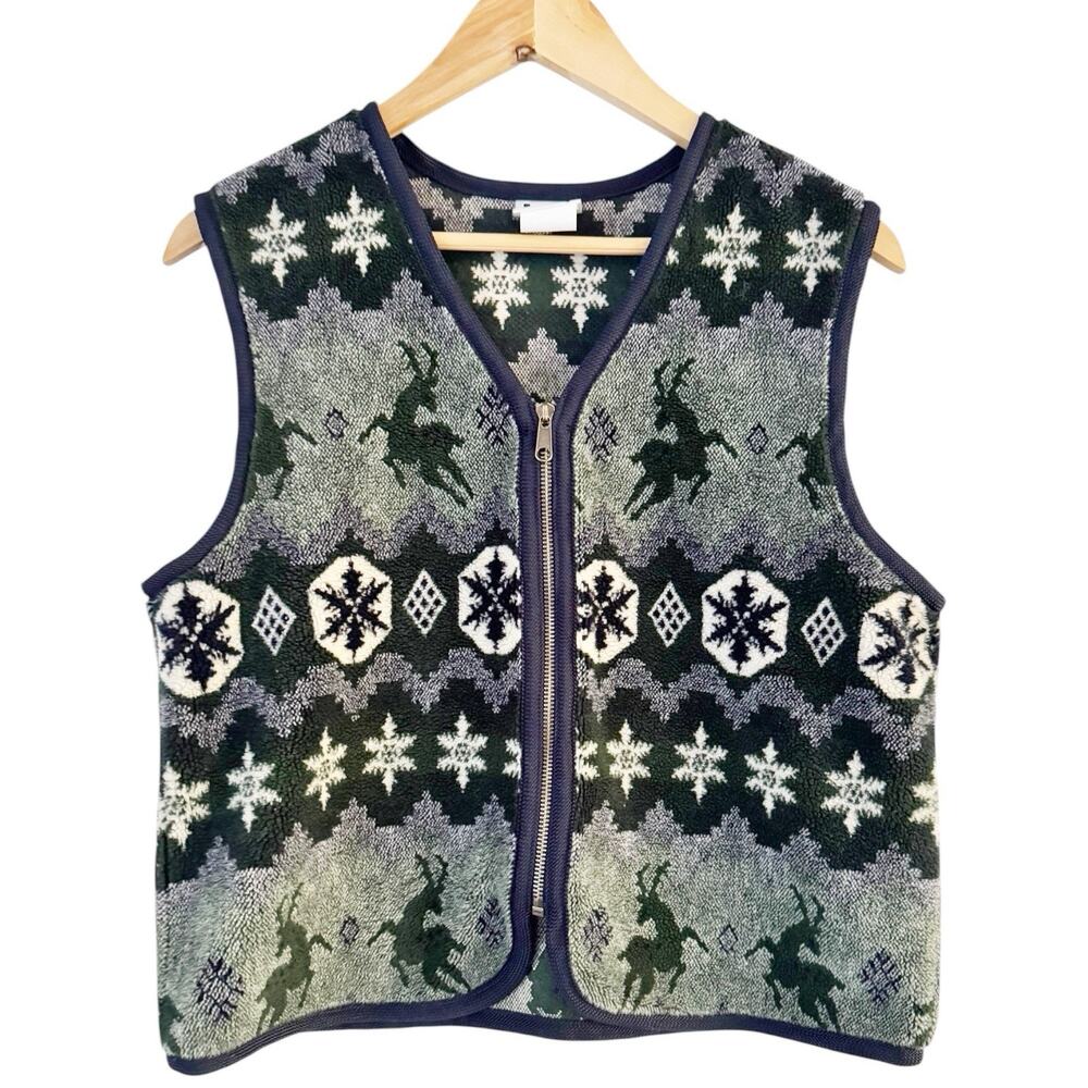 TM Sport Vintage Reindeer Snowflake Fair Isle Full Zip Fleece Vest Size 10